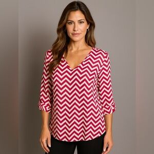Kiara Popover Blouse Top Semi Sheer 3/4 Sleeve chevron print